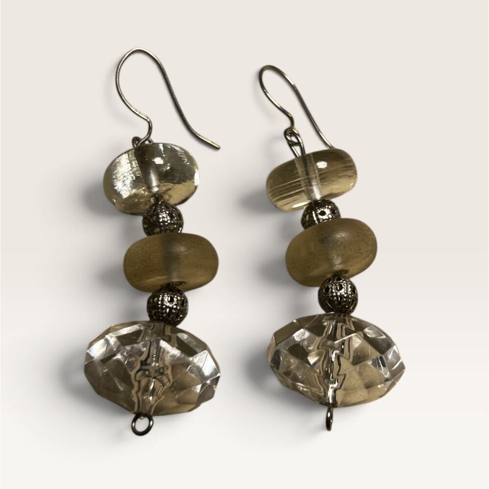 Artisan Handcrafted Clear Glass & Frosted Rondelle Dangle Earrings – Silver Tone